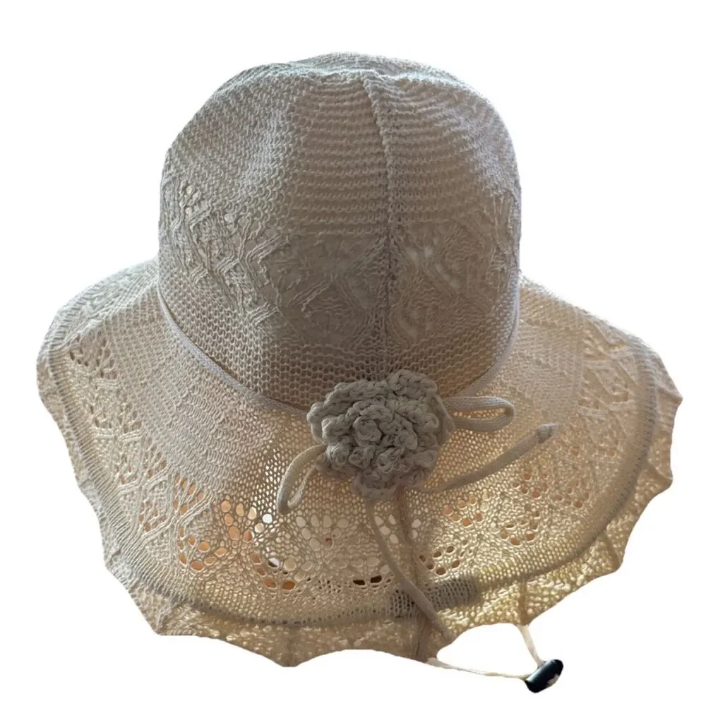 Vintage Grank Beige Sz L Lace Woven Summer Sun Hat Women's Floppy Beach Accessor
